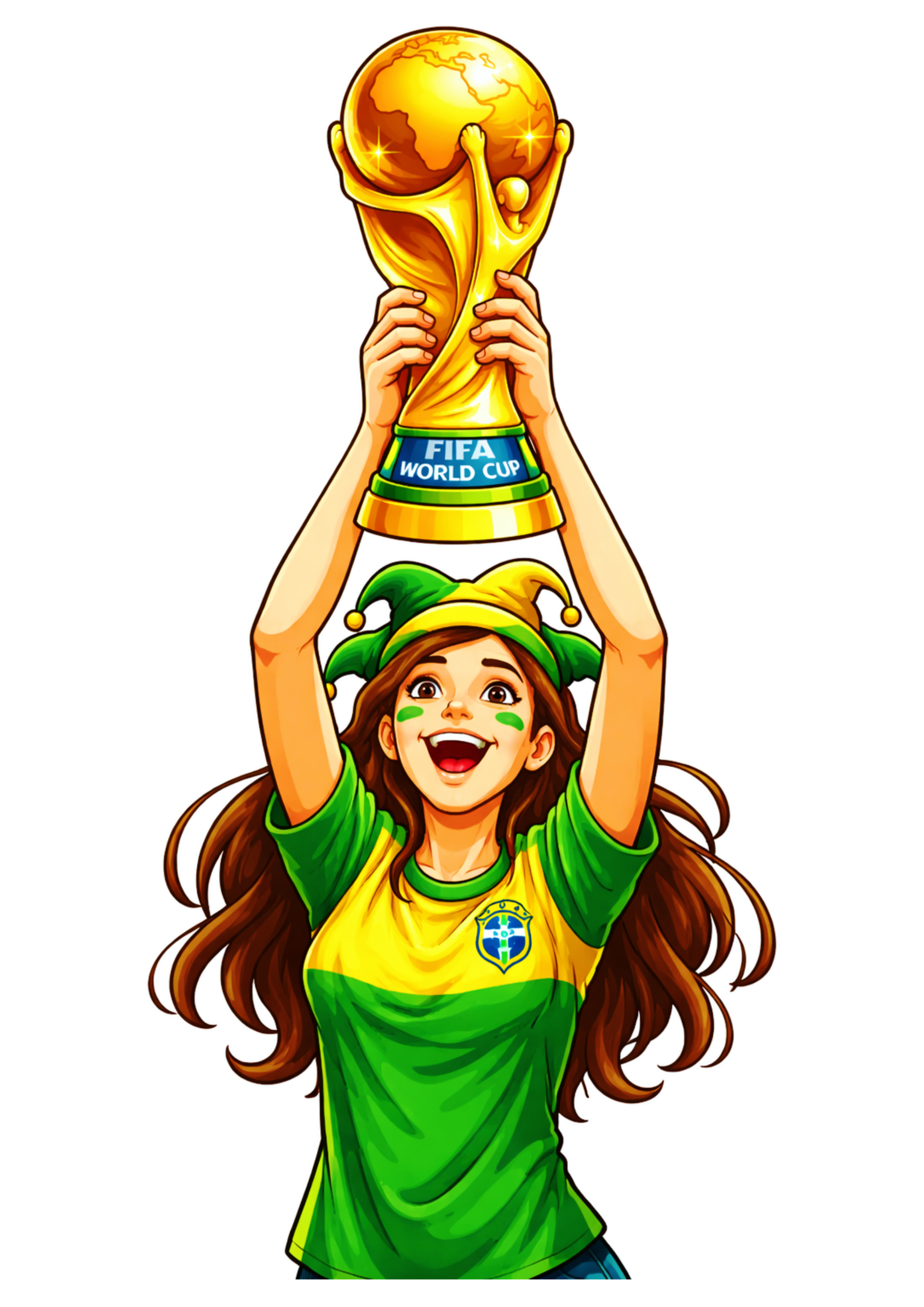 Copa do mundo 2026 torcedora do Brasil segurando a taça de campeão verde e amarelo hexacampeão png