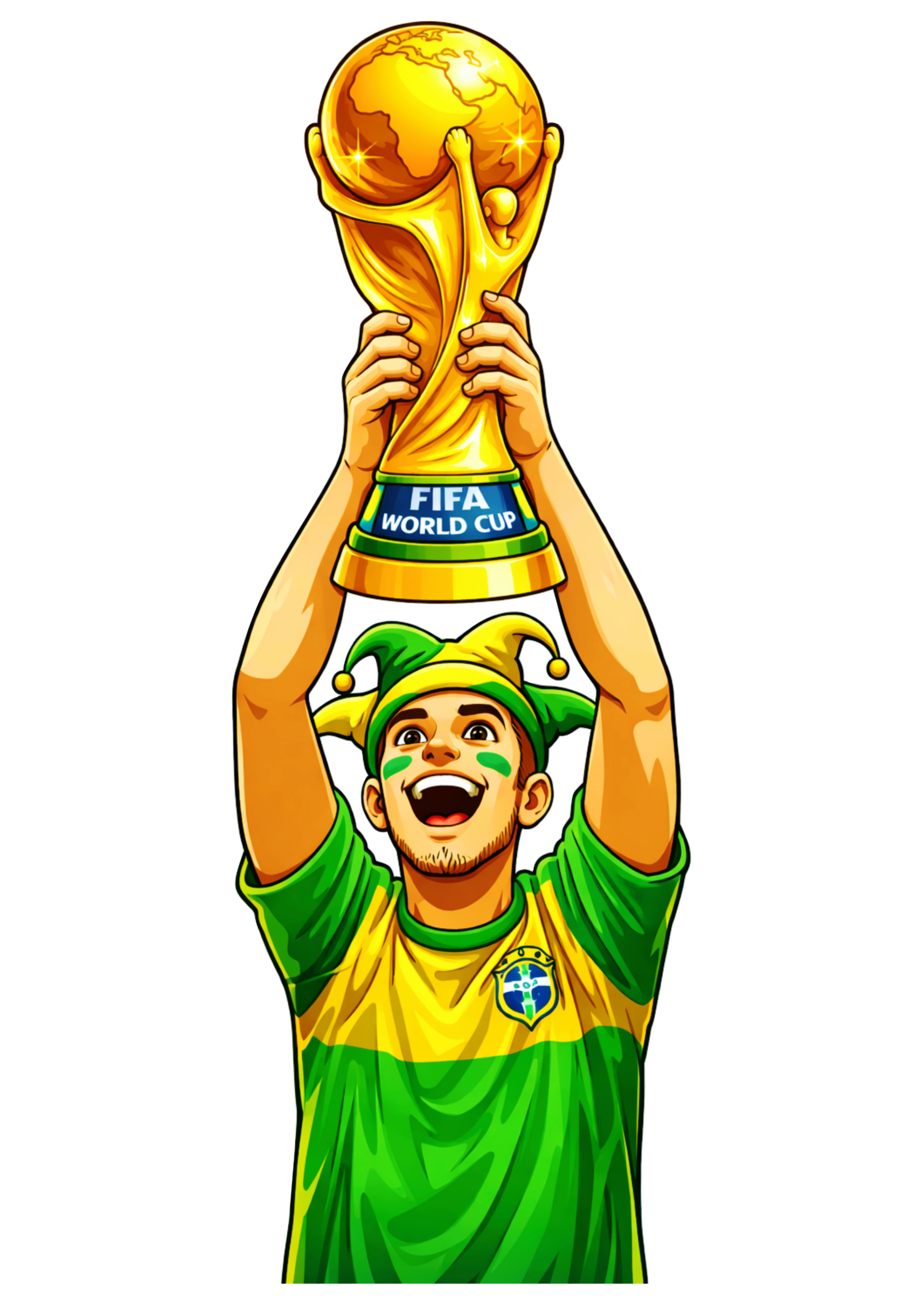 Copa do mundo 2026 torcedor do Brasil segurando a taça de campeão verde e amarelo hexacampeão imagem legal png