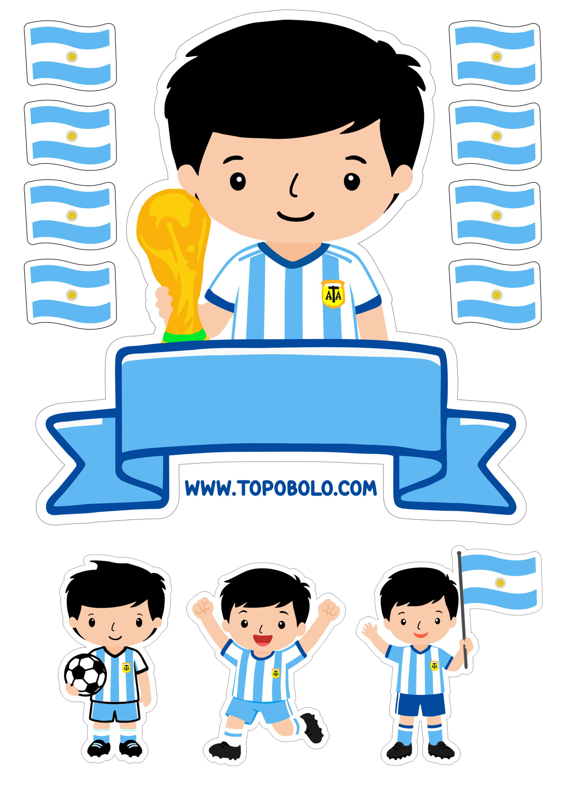 Topo de bolo menino jogador de futebol da Argentina copa do mundo 2026 decoração de festa de aniversário infantil png