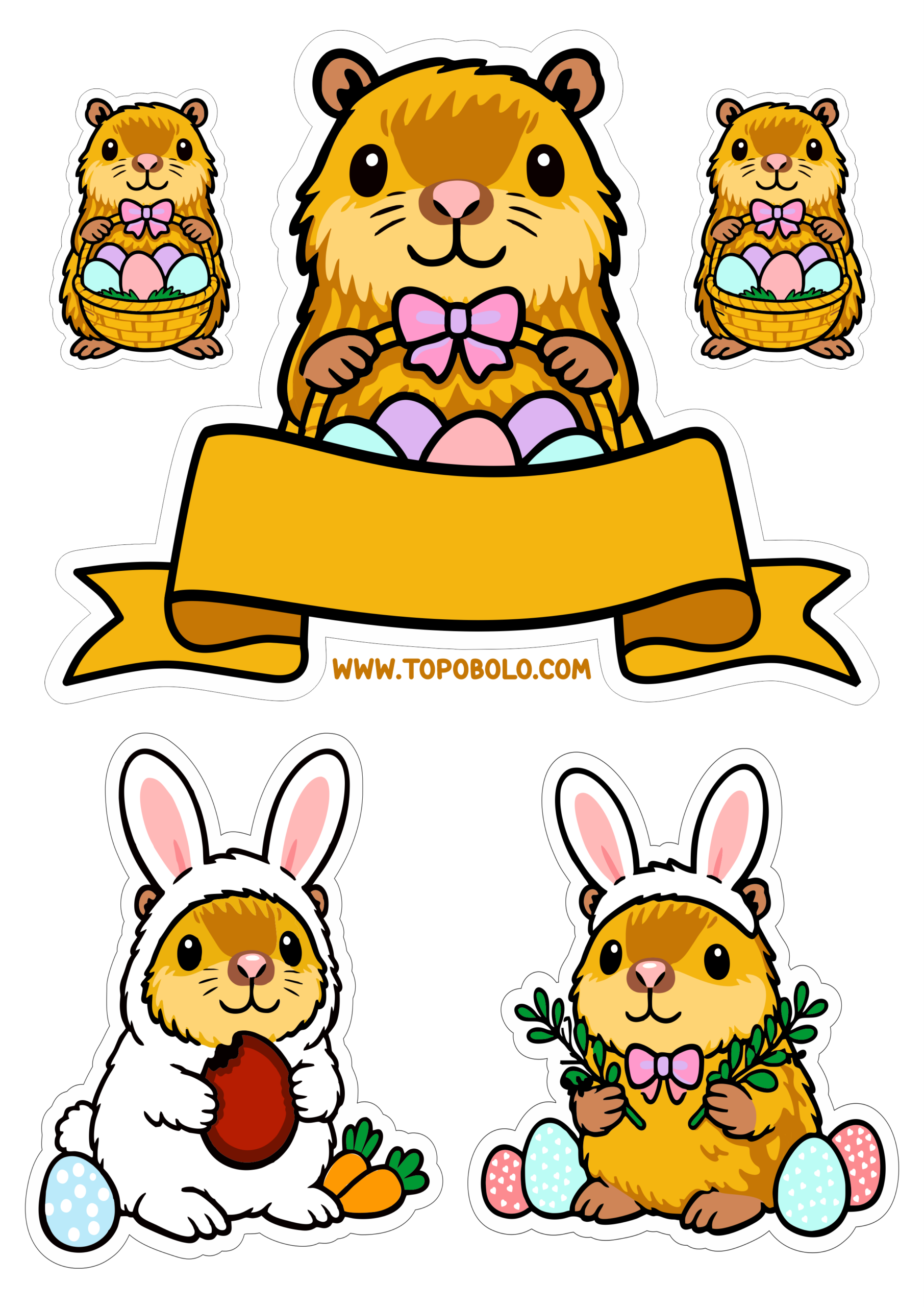 Topo de bolo com imagens fofinhas de páscoa capivara e ovos de chocolate decoração para festa infantil png