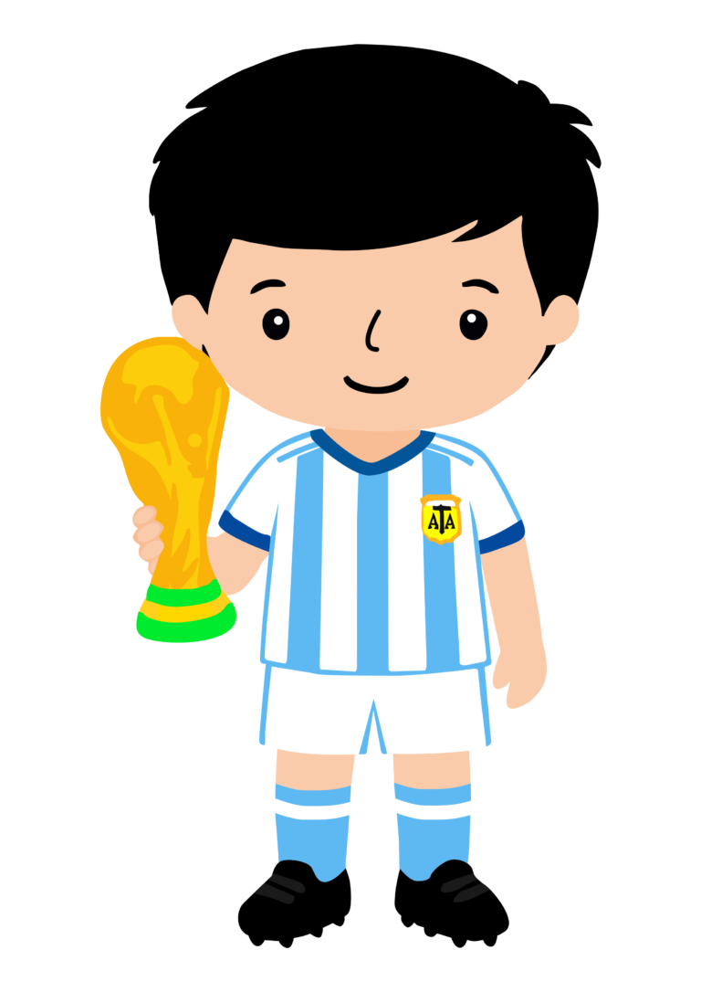 Soccer player boy Argentina holding a golden trophy simple drawing FIFA world cup 2026 illustration for decoration png