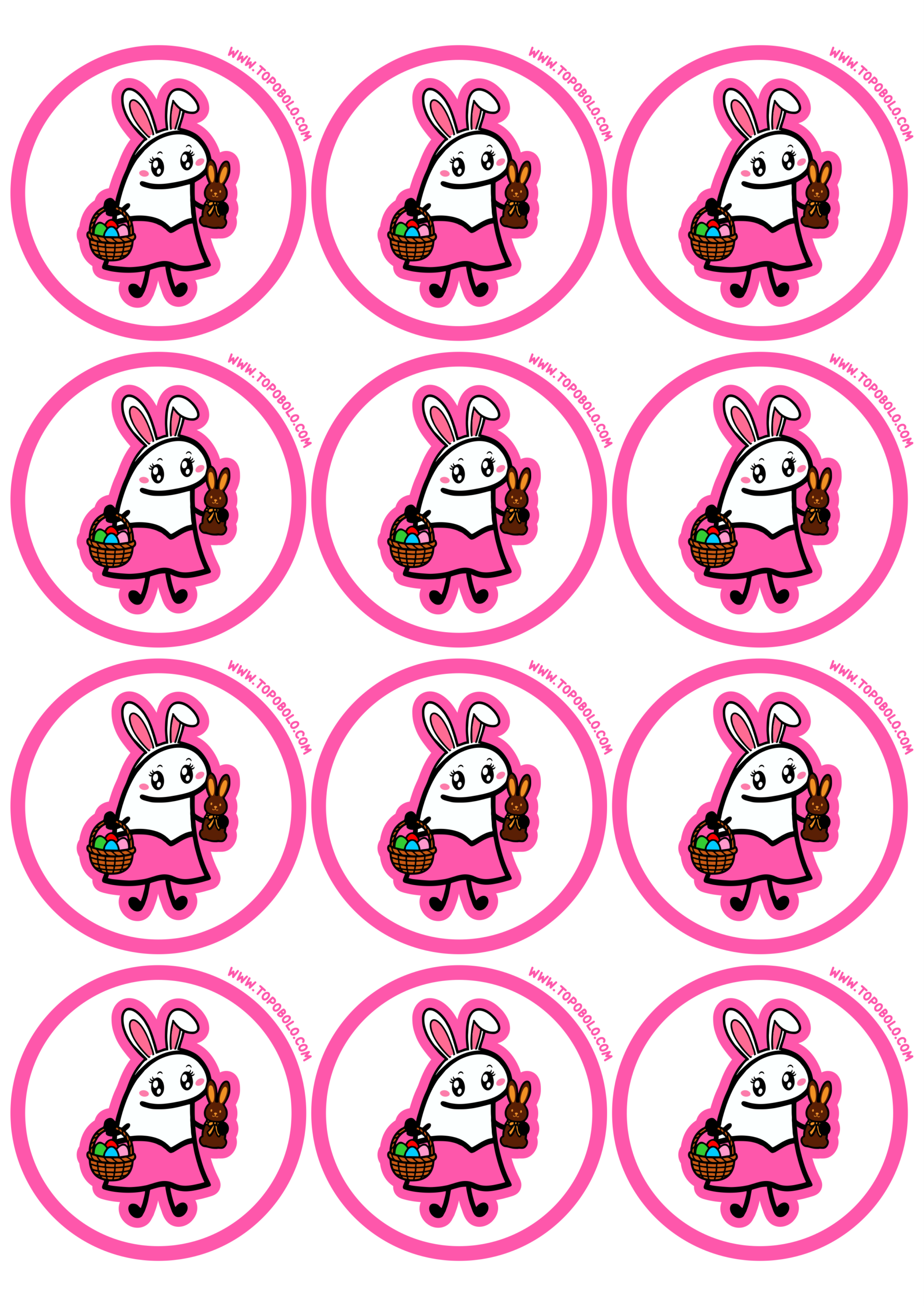 Adesivo redondo decoração de páscoa flork of cows menina fantasiada de coelhinho com cesta de ovos de chocolate 12 imagens png