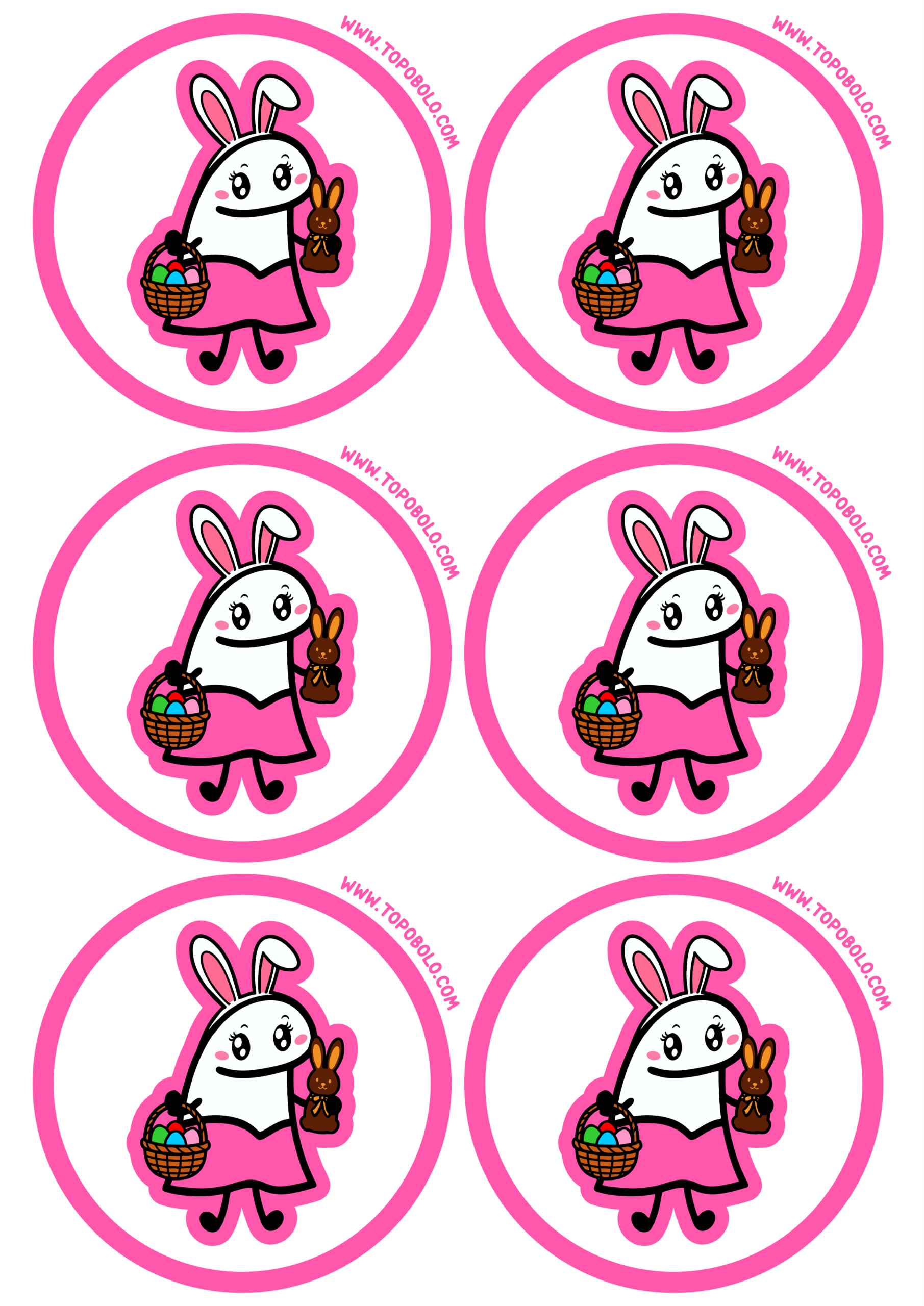 Adesivo redondo decoração de páscoa flork of cows menina fantasiada de coelhinho com cesta de ovos de chocolate 6 imagens png