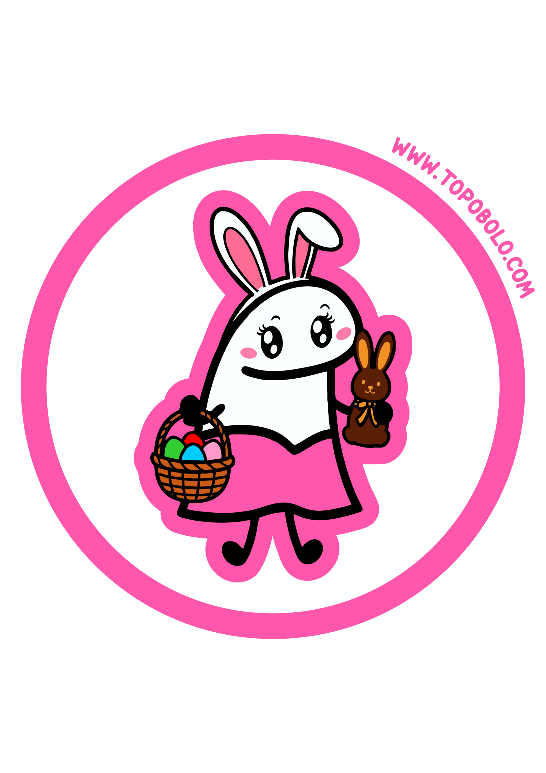 Adesivo redondo e painel de festa decoração de páscoa flork of cows menina fantasiada de coelhinho com cesta de ovos de chocolate png