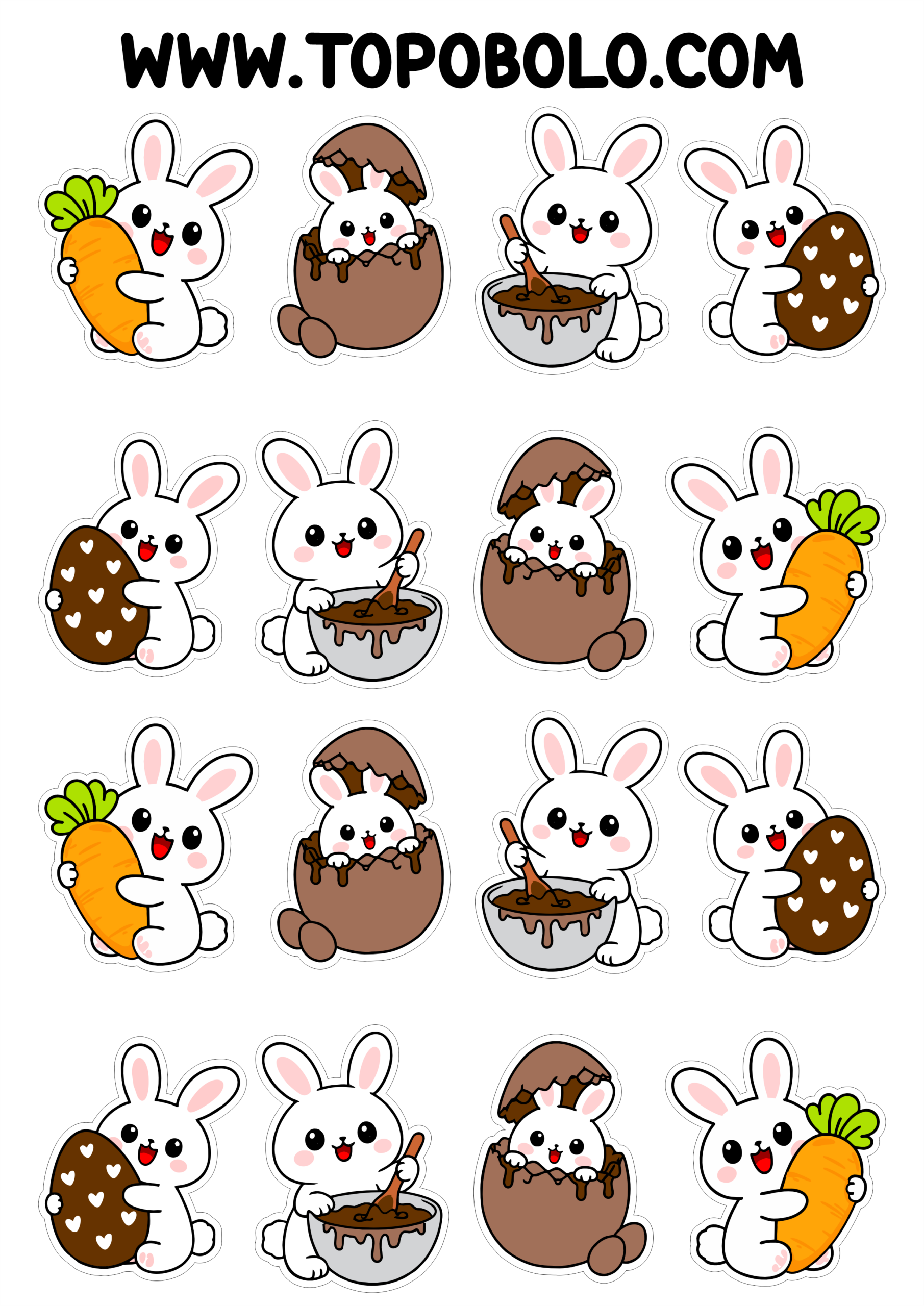 Coelhinho de páscoa fofinho cartela de adesivos prontos para imprimir e decorar suas festas presentes e artesanatos png