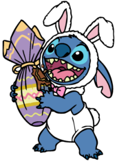 stitch fantasiado de coelhinho comendo ovo de chocolate