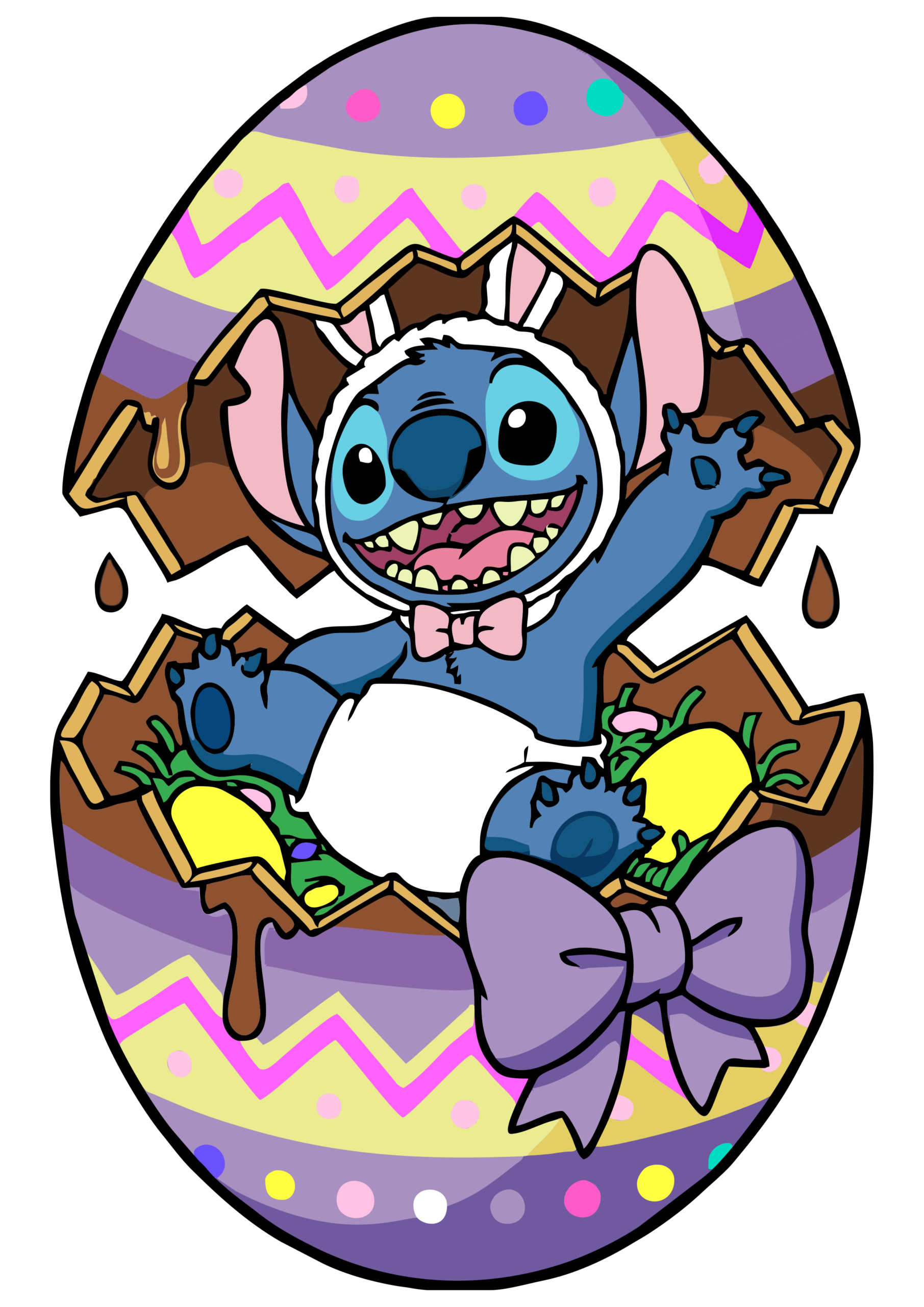 Desenho infantil Stitch fantasiado de coelhinho da páscoa dentro de um ovo de chocolate png