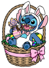stitch fantasiado de coelhinho dentro de uma cesta de ovos da páscoa