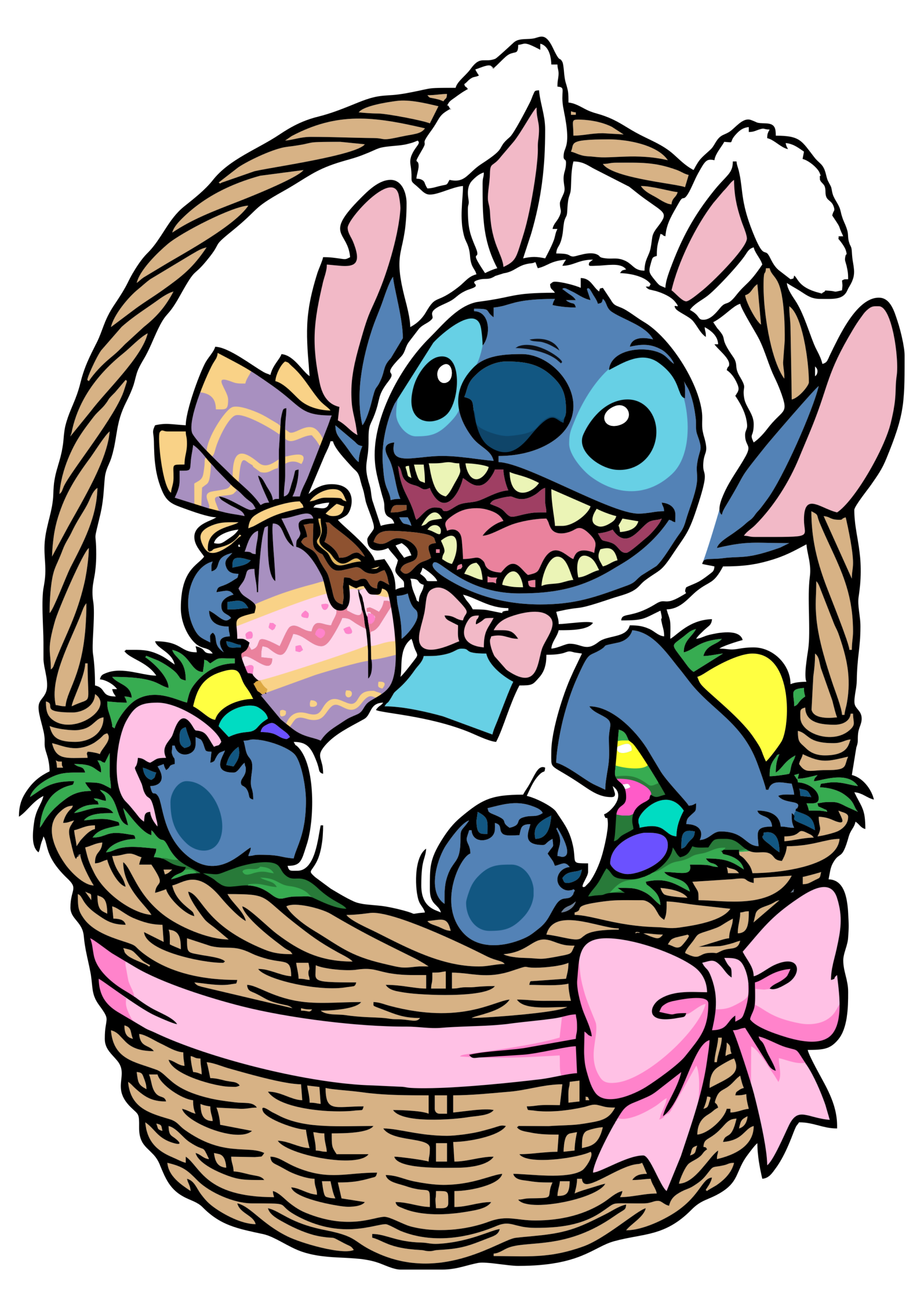 Desenho infantil Stitch fantasiado de coelhinho da páscoa dentro de uma cesta de ovos de chocolate png