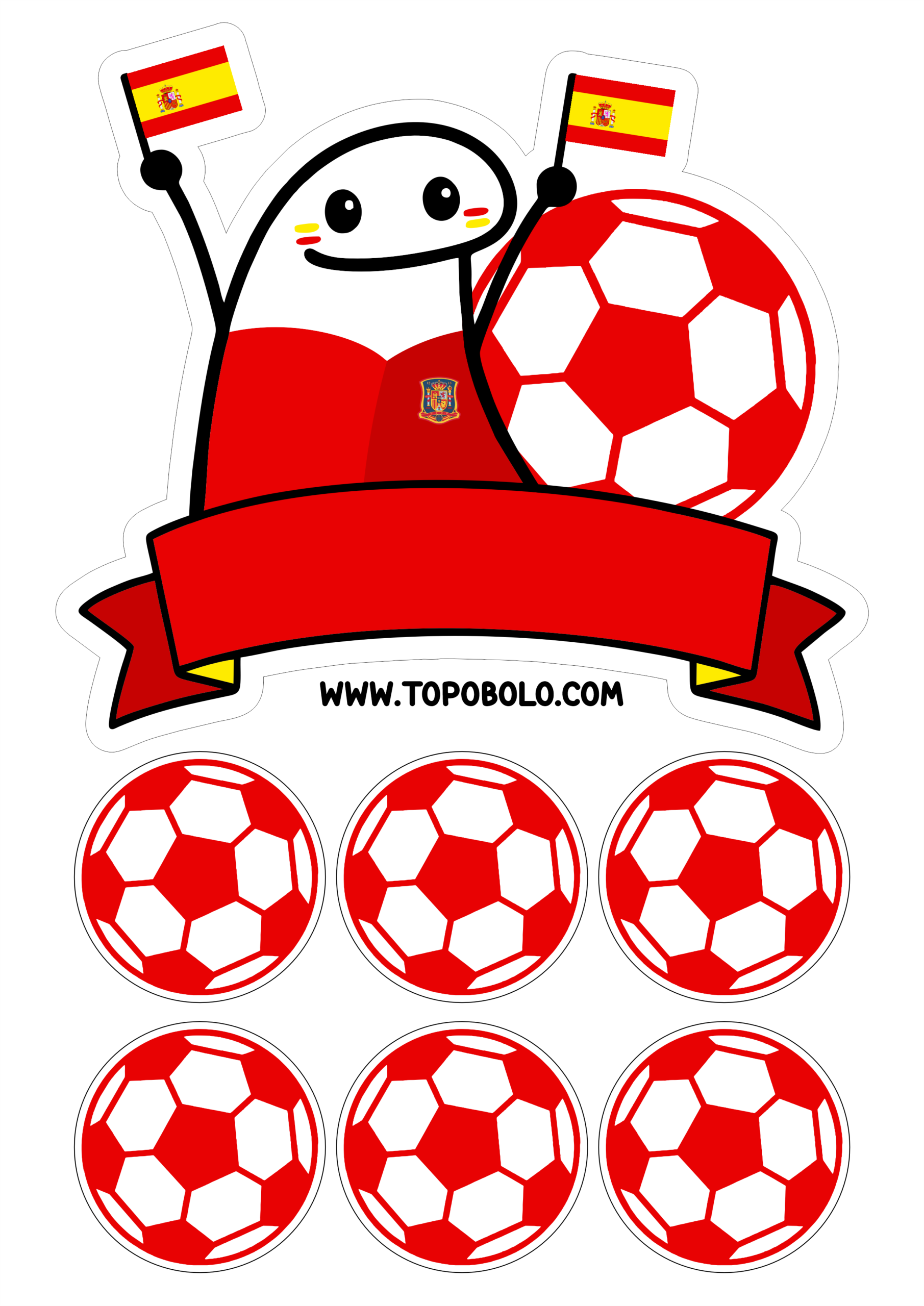 Topo de bolo para imprimir Copa do mundo 2026 torcedor da Espanha figurinhas engraçadas flork of cows png