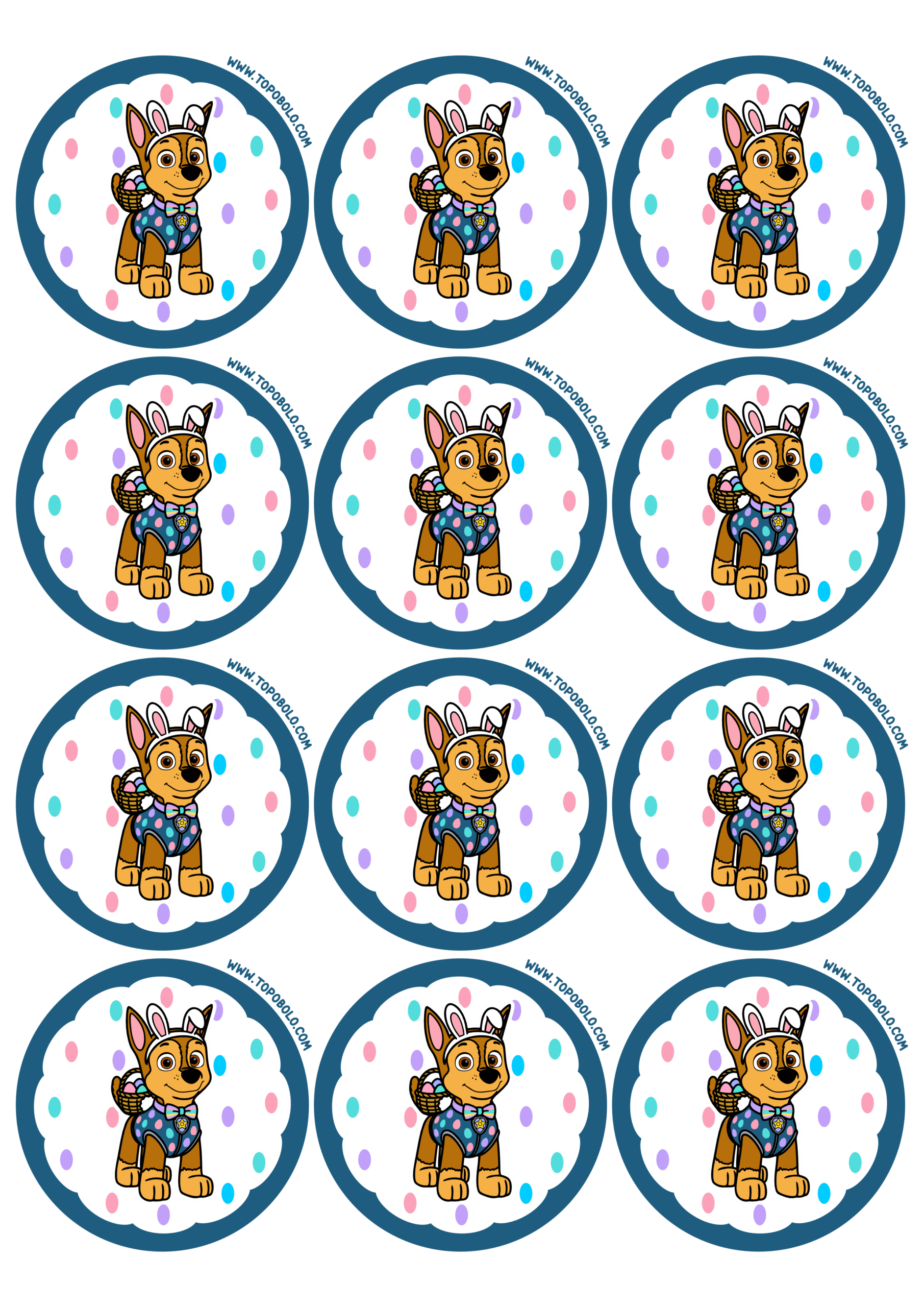 Patrulha canina Chase adesivo redondo imagens fofinhas para decoração de festa de aniversário feliz páscoa 12 imagens png