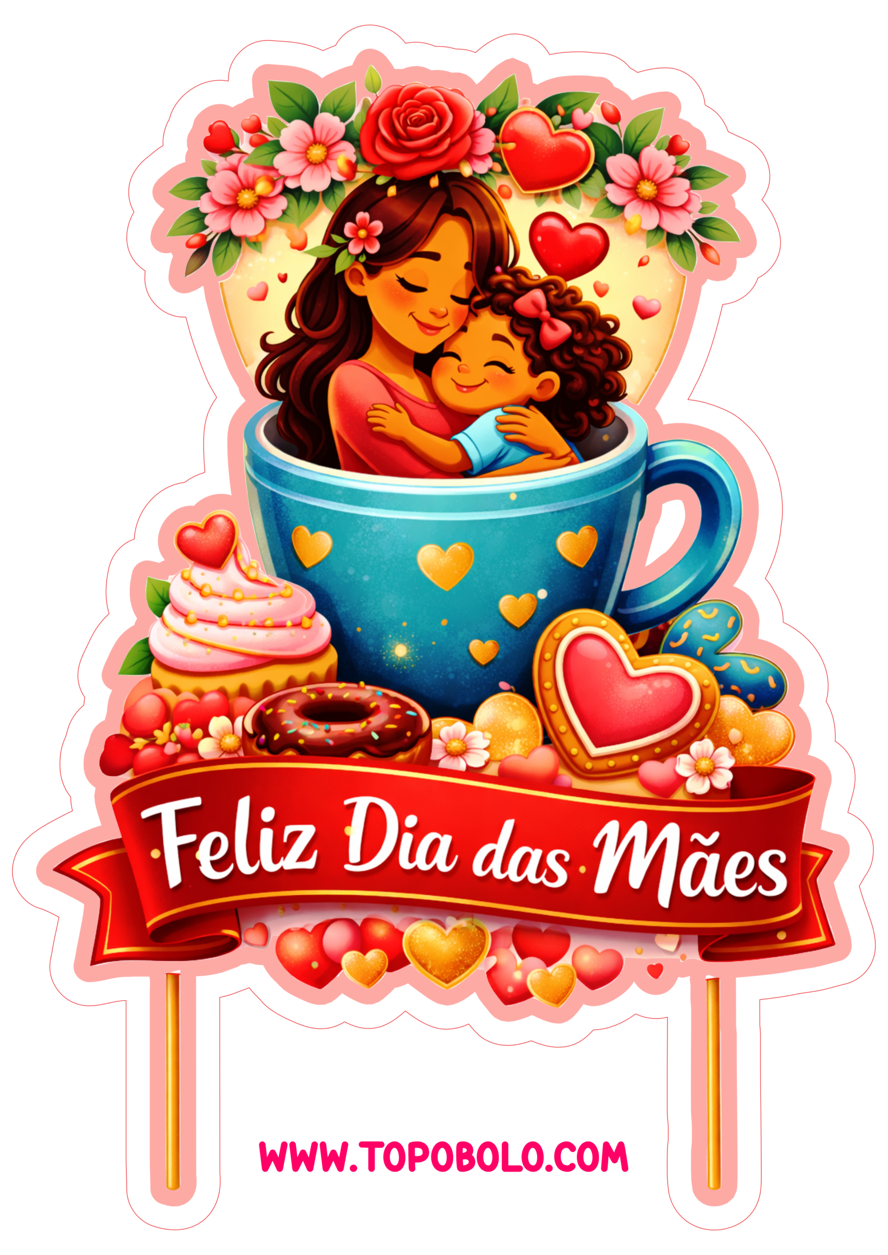 Feliz dia das mães topo de bolo para imprimir papelaria criativa imagem fofinha e florida para decoração png