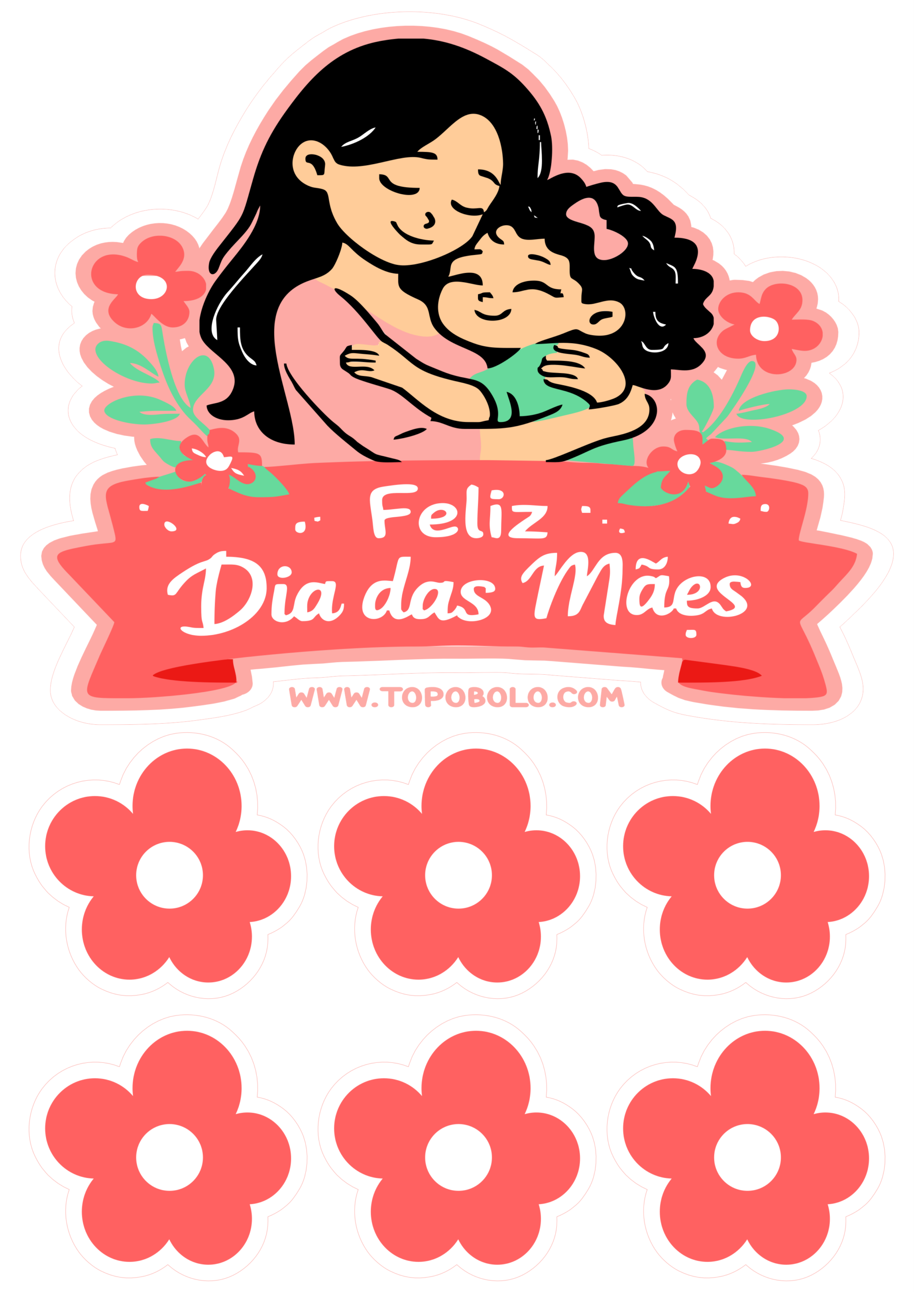 Feliz dia das mães topo de bolo para imprimir papelaria criativa imagem fofinha com flores vermelhas para decoração png