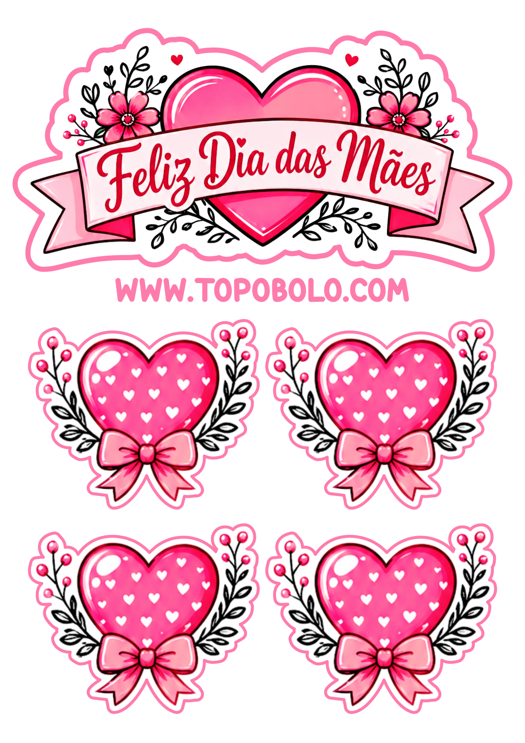 Feliz dia das mães topo de bolo para imprimir 10 de maio decoração rosa com corações contorno para recorte papelaria criativa png