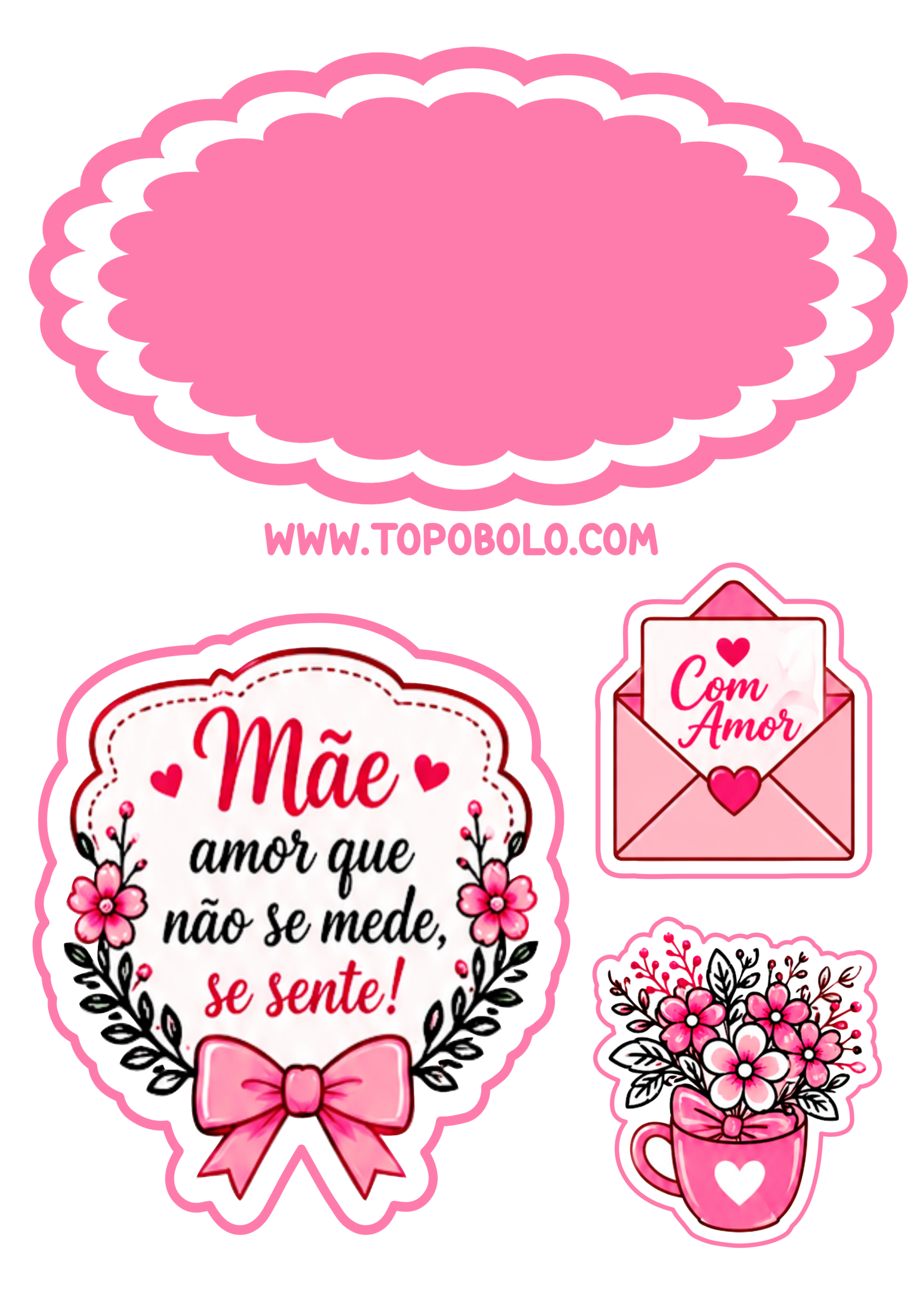Feliz dia das mães topo de bolo para imprimir 10 de maio decoração rosa com corações contorno para recorte datas comemorativas png