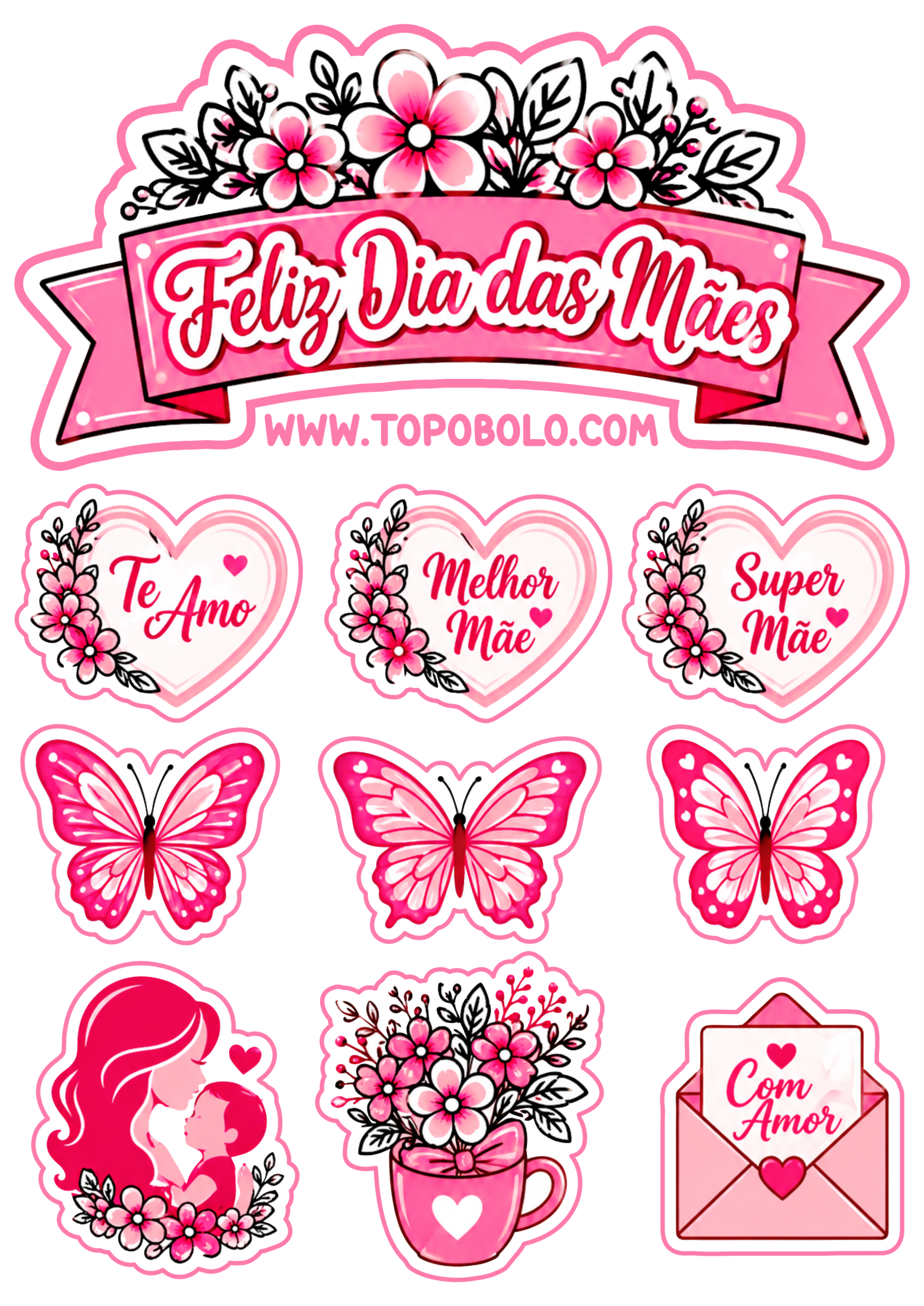 Feliz dia das mães topo de bolo para imprimir decoração rosa ideal para a festinha da sua mamãe no mês de maio png