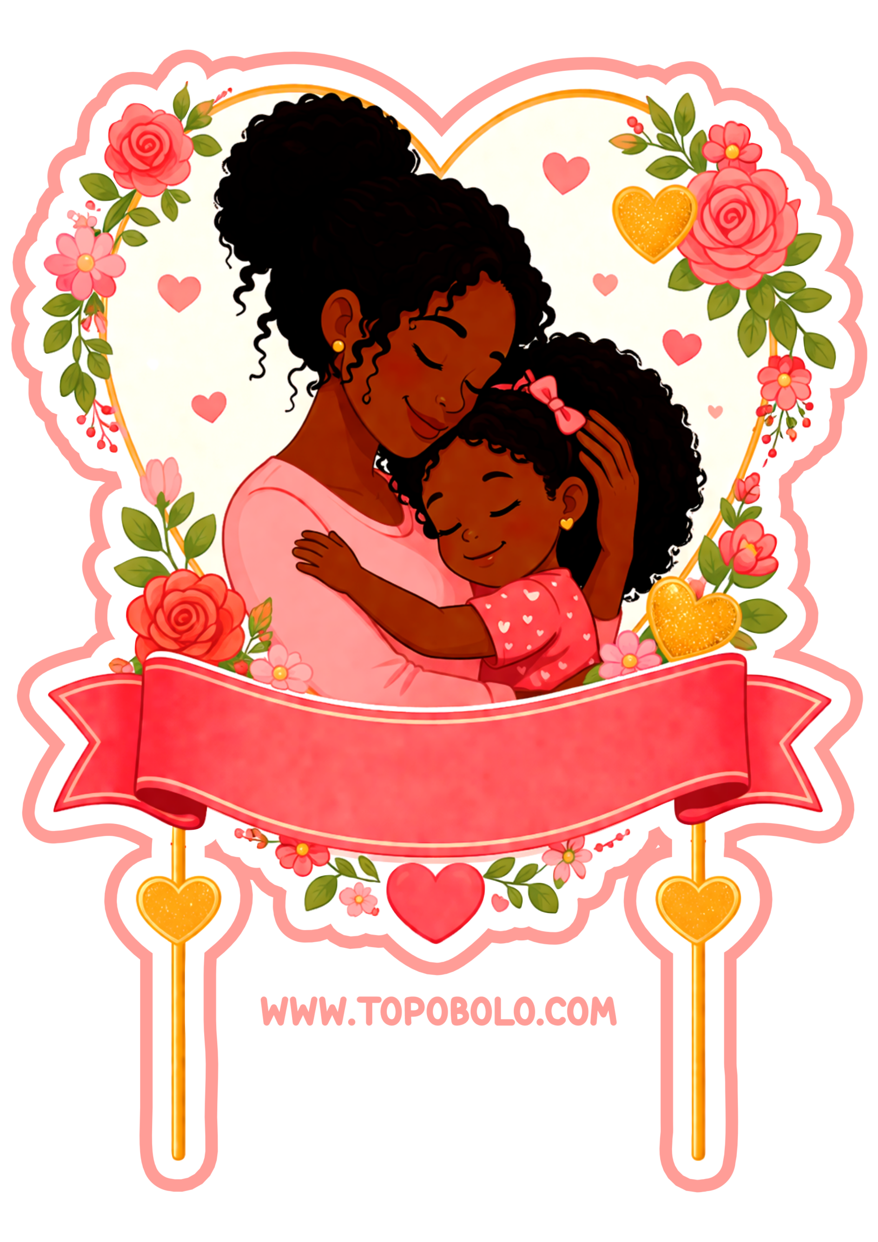 Dia das mães topo de bolo para imprimir e decorar sua festa artes com contorno para recorte mãe e filha negra png