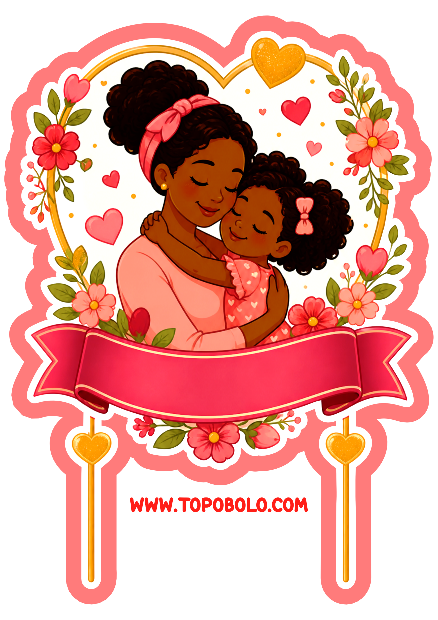 Dia das mães topo de bolo para imprimir e decorar sua festa artes com contorno mãe e filha negra renda extra com decoração png