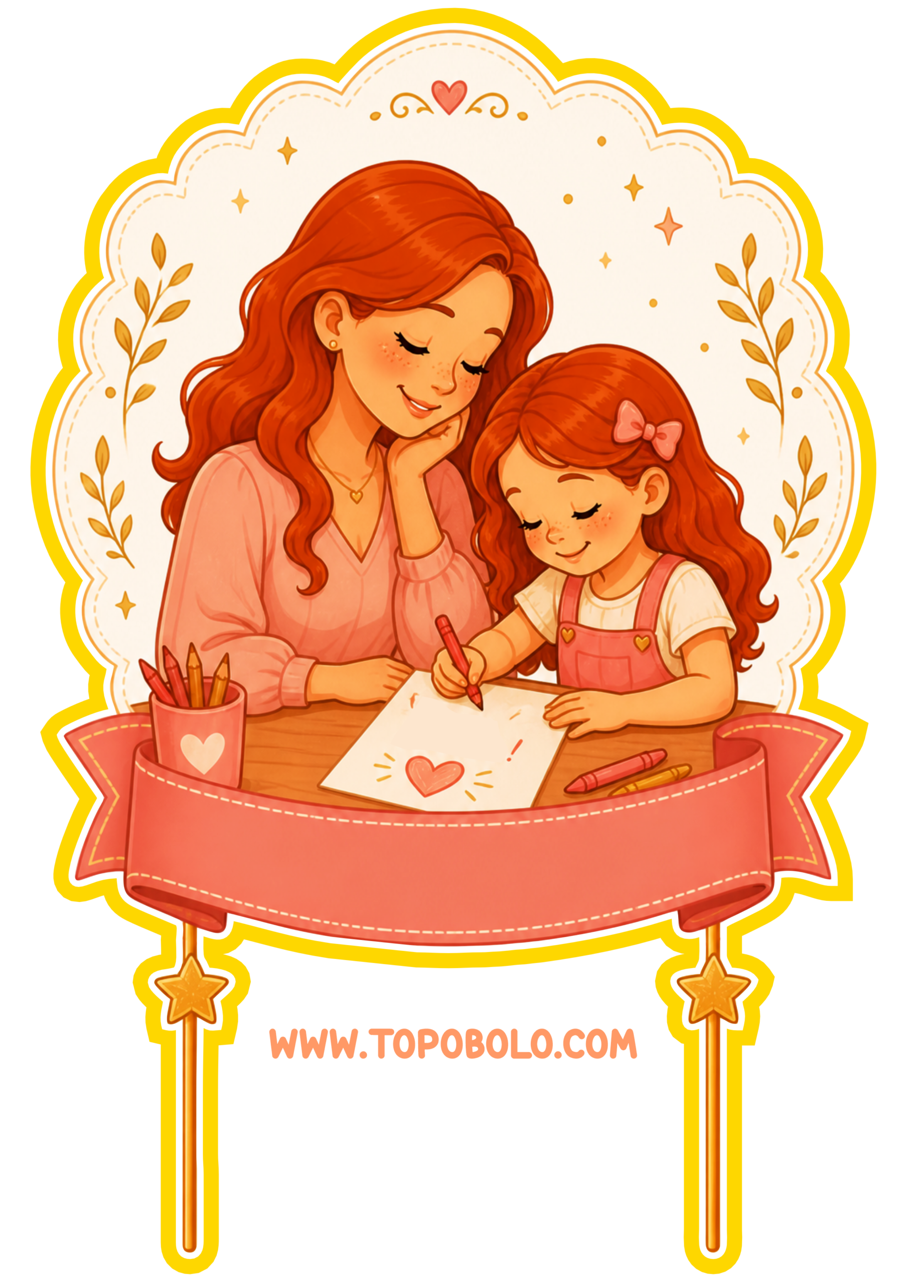 Dia das mães topo de bolo para imprimir e decorar sua festa artes com contorno mãe e filha ruivas renda extra com decoração png