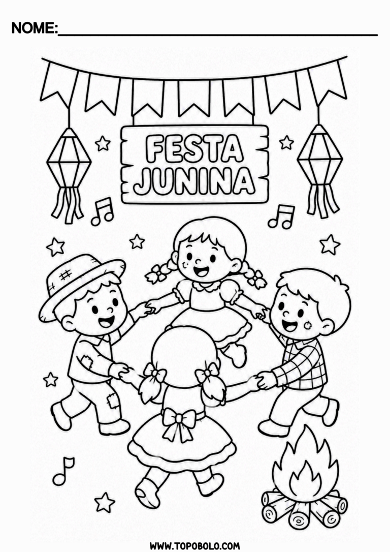 São João 2026 desenho para colorir festa junina infantil crianças dançando quadrilha png