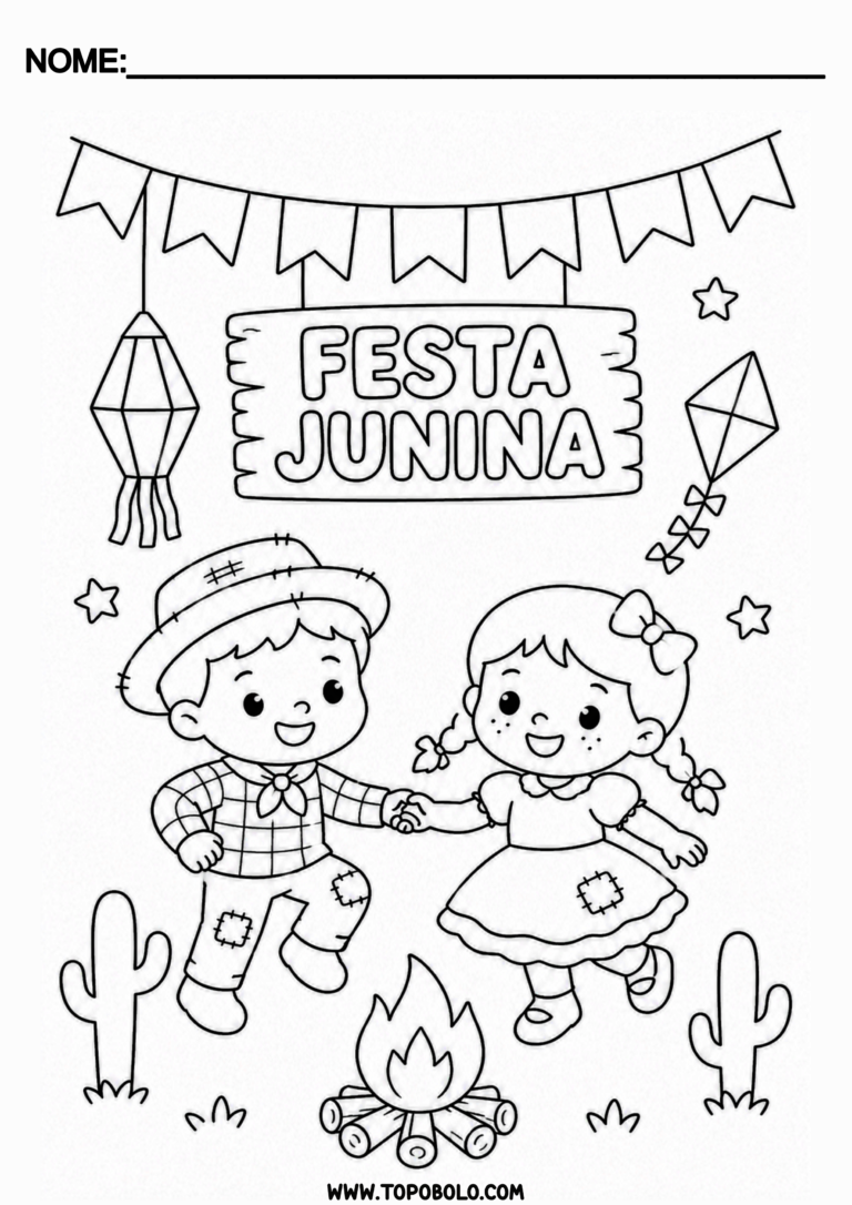 São João 2026 desenho para colorir festa junina infantil fogueira balões e bandeirinhas png