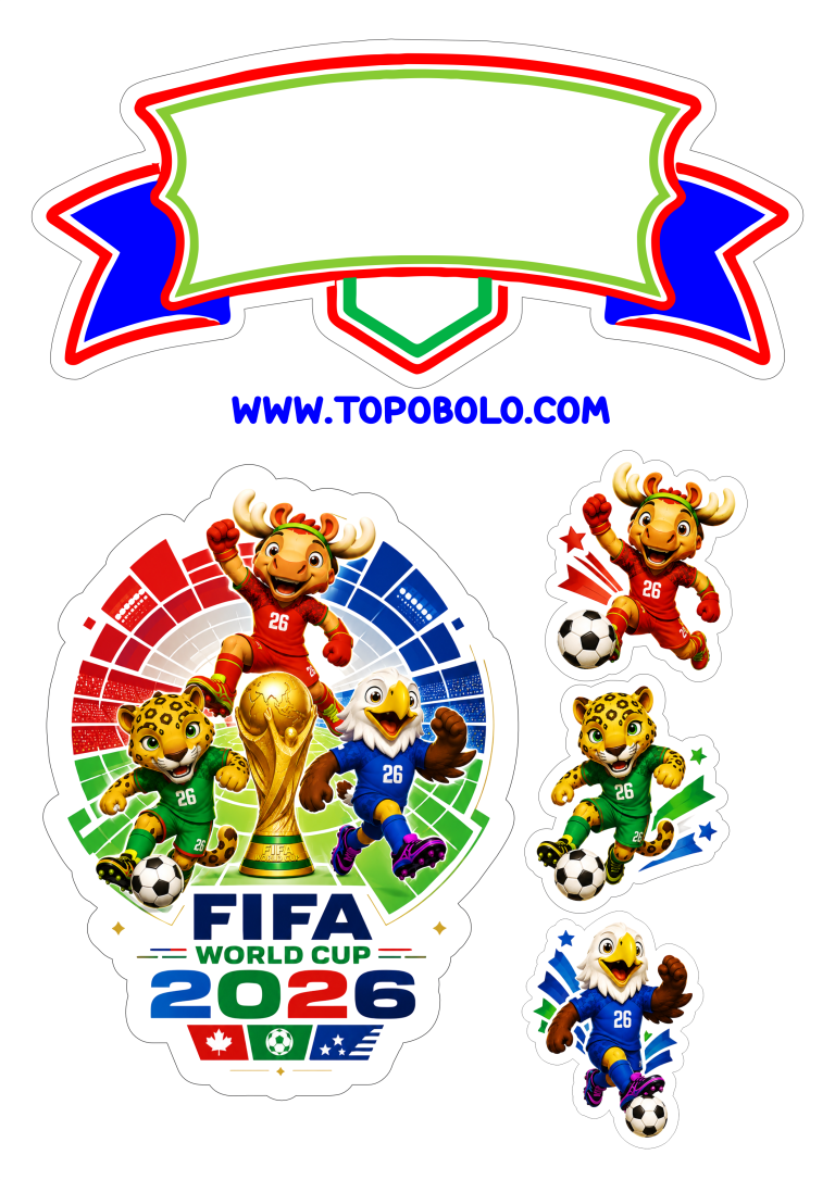 Super copa do mundo Estados Unidos México e Canadá imagens para decoração de topo de bolo com mascotes das seleções png