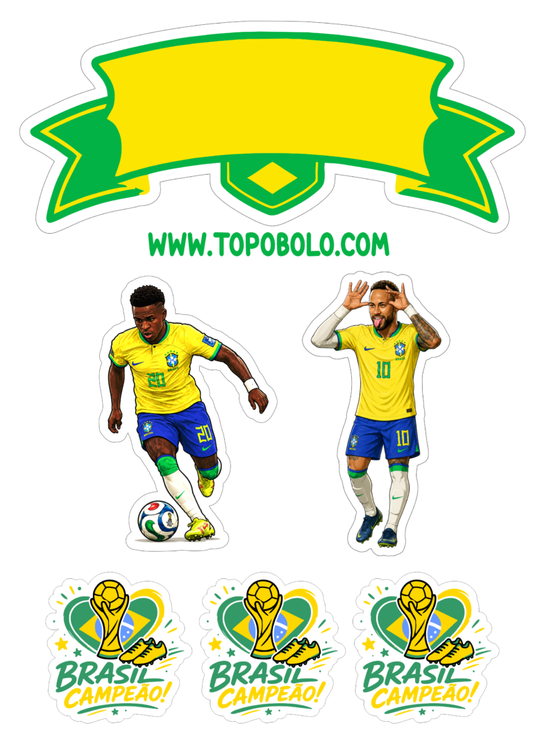 Topo de bolo copa do mundo 2026 Neymar Jr brasil campeão imagens com contorno para recorte e decoração de festa e artesanato png