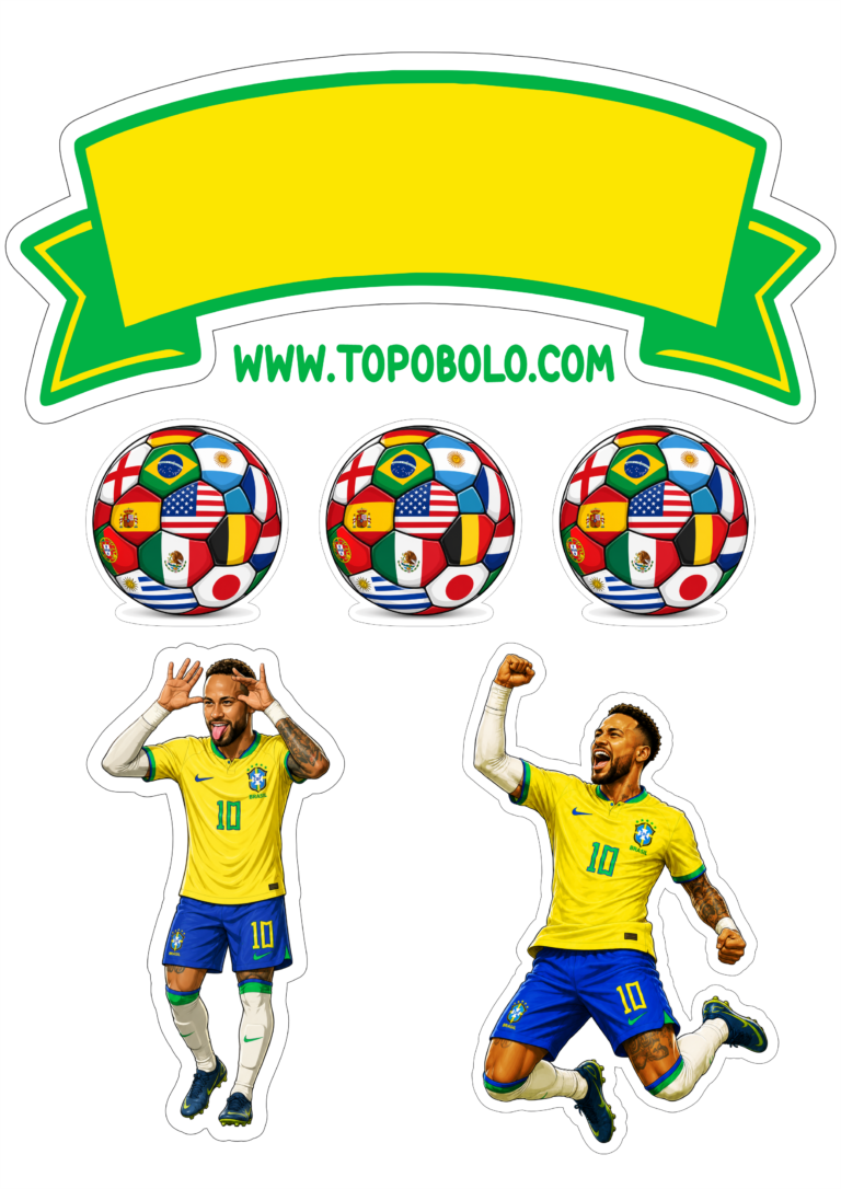 Topo de bolo copa do mundo 2026 Neymar Jr decoração de aniversário com tema Brasil pronto para imprimir png