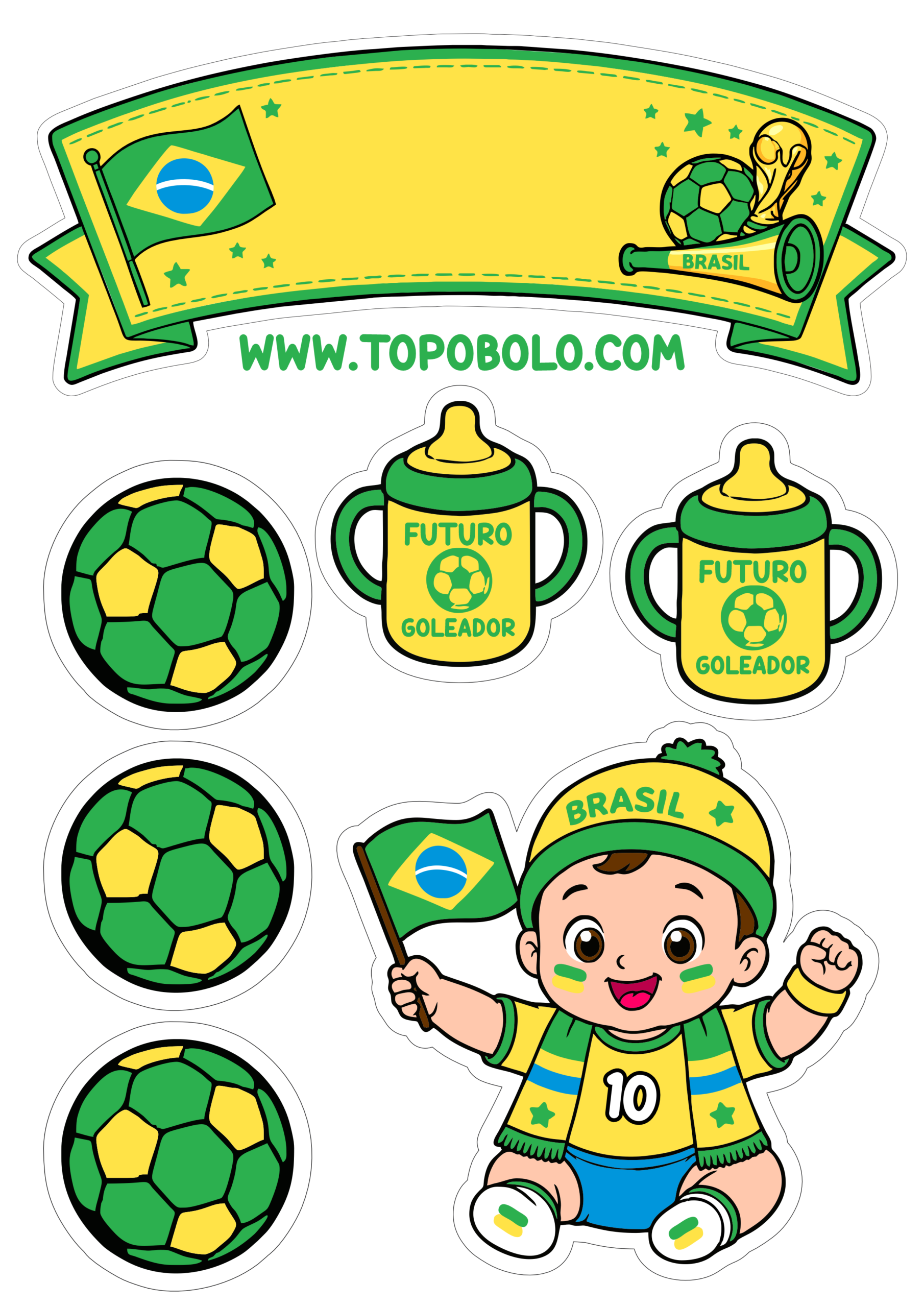 Topo de bolo copa do mundo 2026 menino bebê torcedor do Brasil desenho fofinho para decoração e designers png