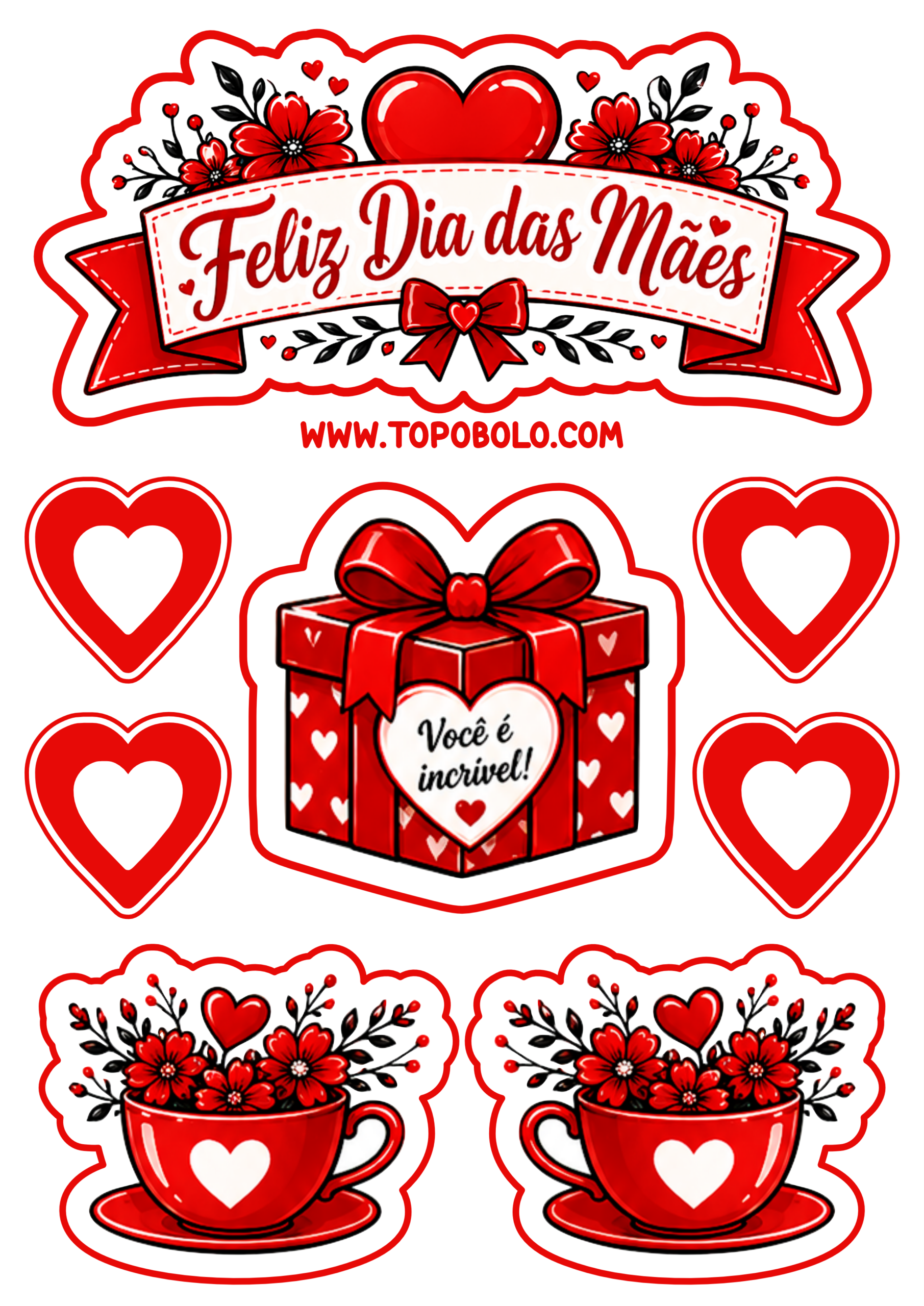 Feliz dia das mães topo de bolo para imprimir decoração vermelha ideal para a festinha da sua mamãe no mês de maio png